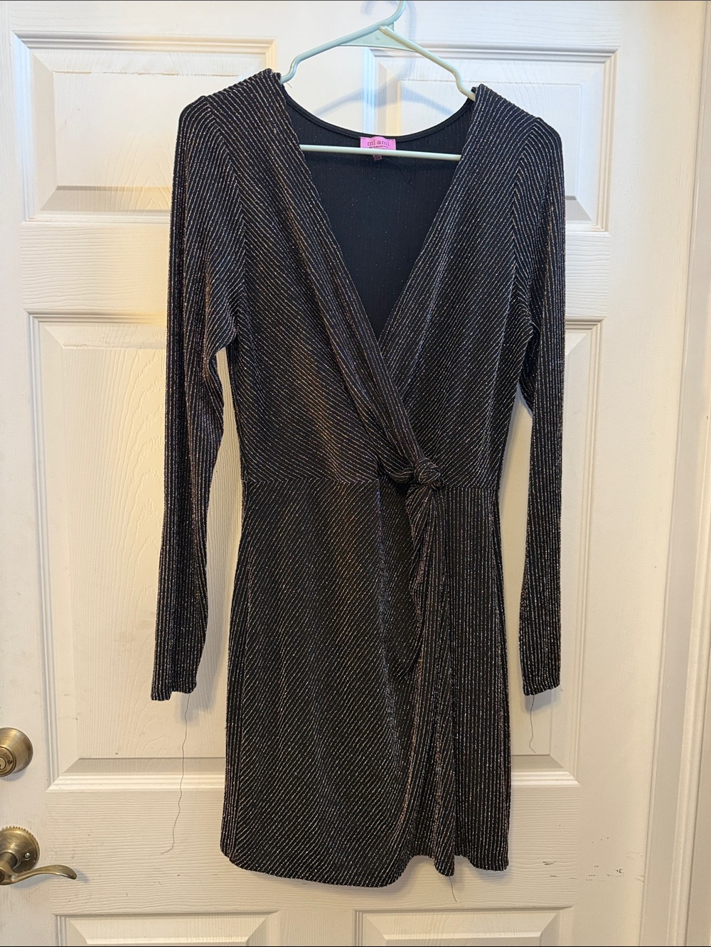 Francesca's Collections Black Metallic Wrap Dress with Knot